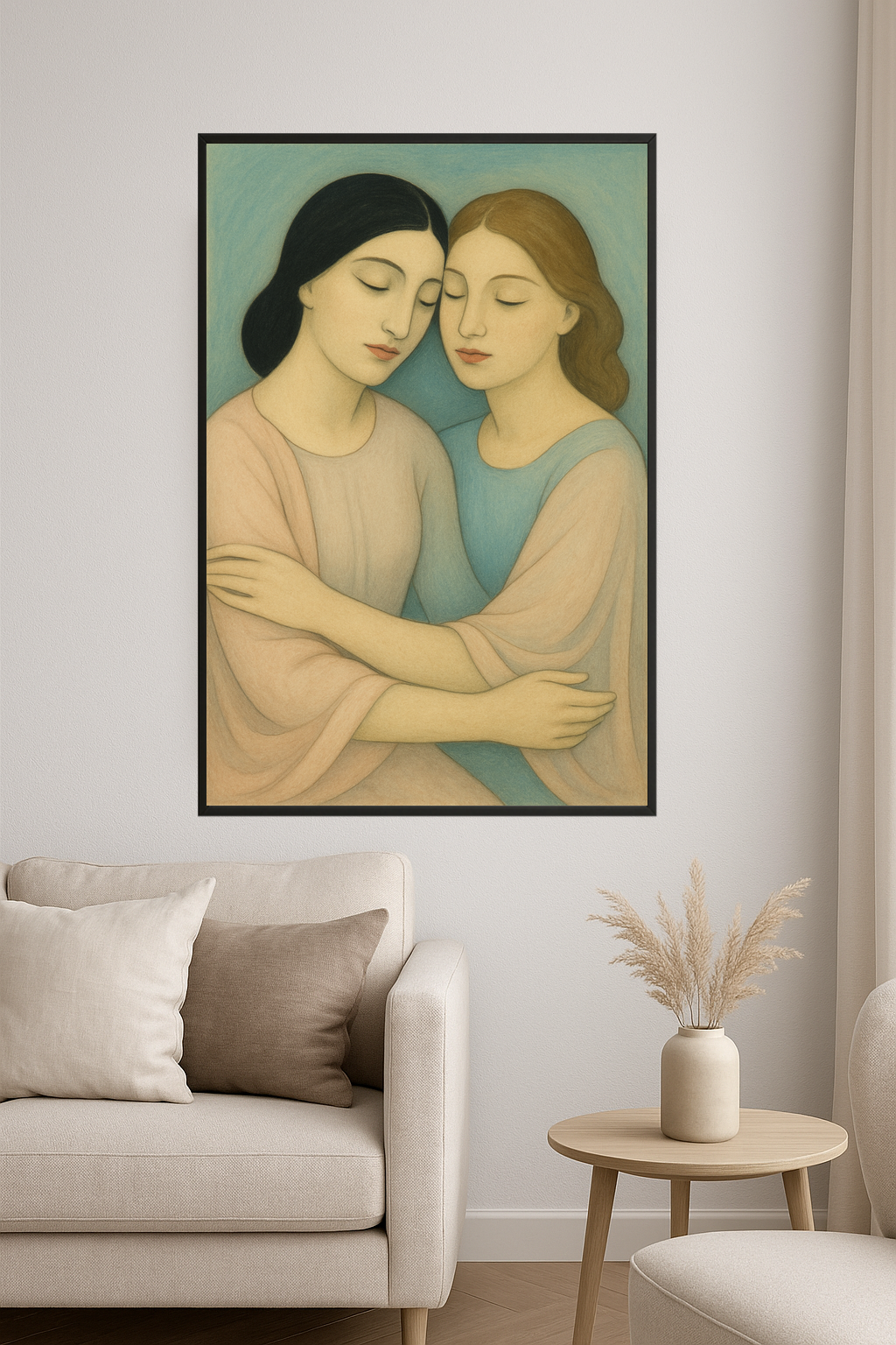 Two women embracing, wearing soft pink and blue shawls, with serene expressions.- salon