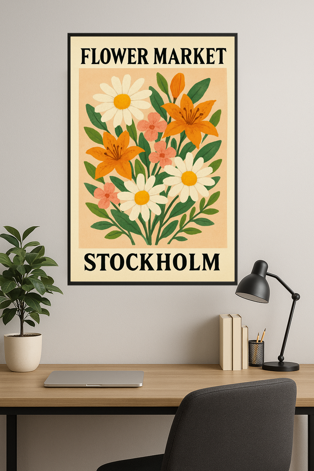 Stylized bouquet of flowers with daisies, lilies, and pink blossoms.- gabinet