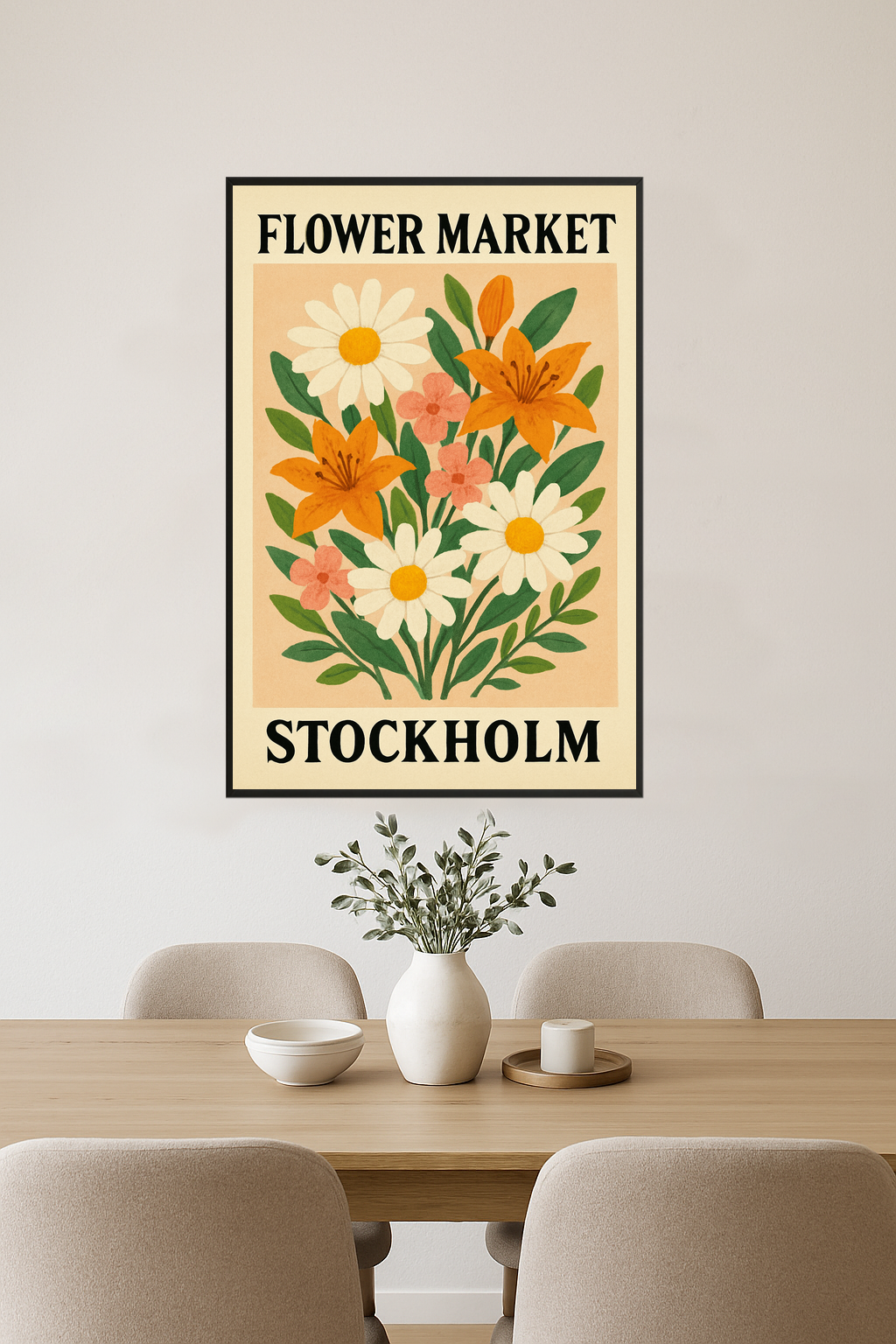 Stylized bouquet of flowers with daisies, lilies, and pink blossoms.- jadalnia