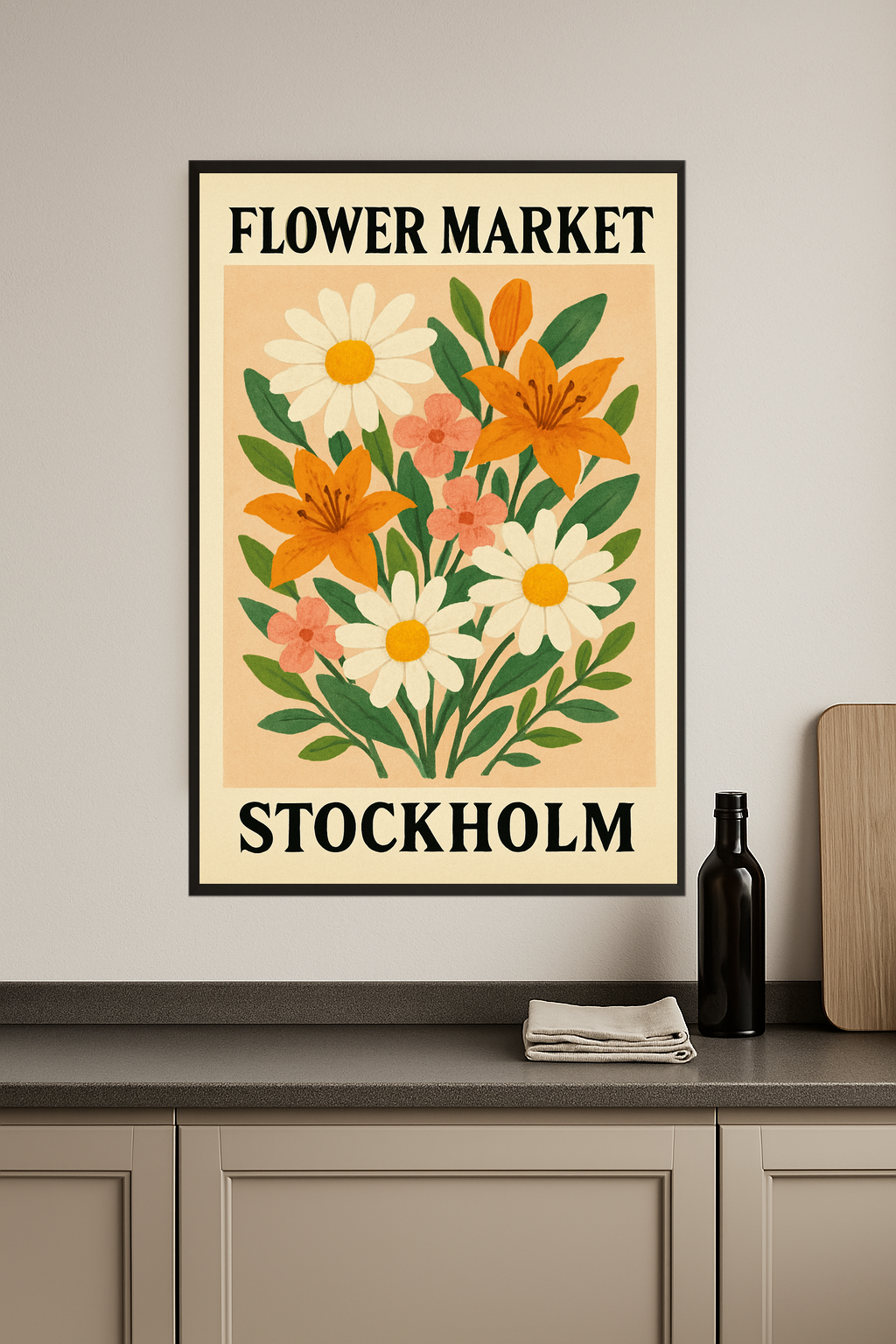 Stylized bouquet of flowers with daisies, lilies, and pink blossoms.- kuchnia