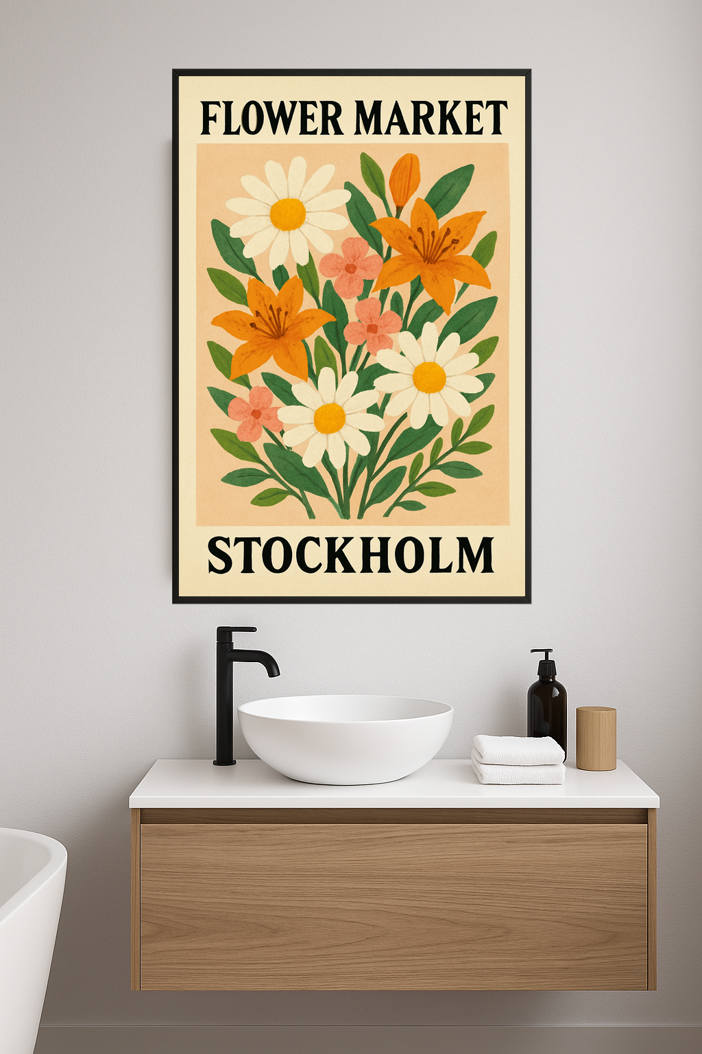 Stylized bouquet of flowers with daisies, lilies, and pink blossoms.- lazienka