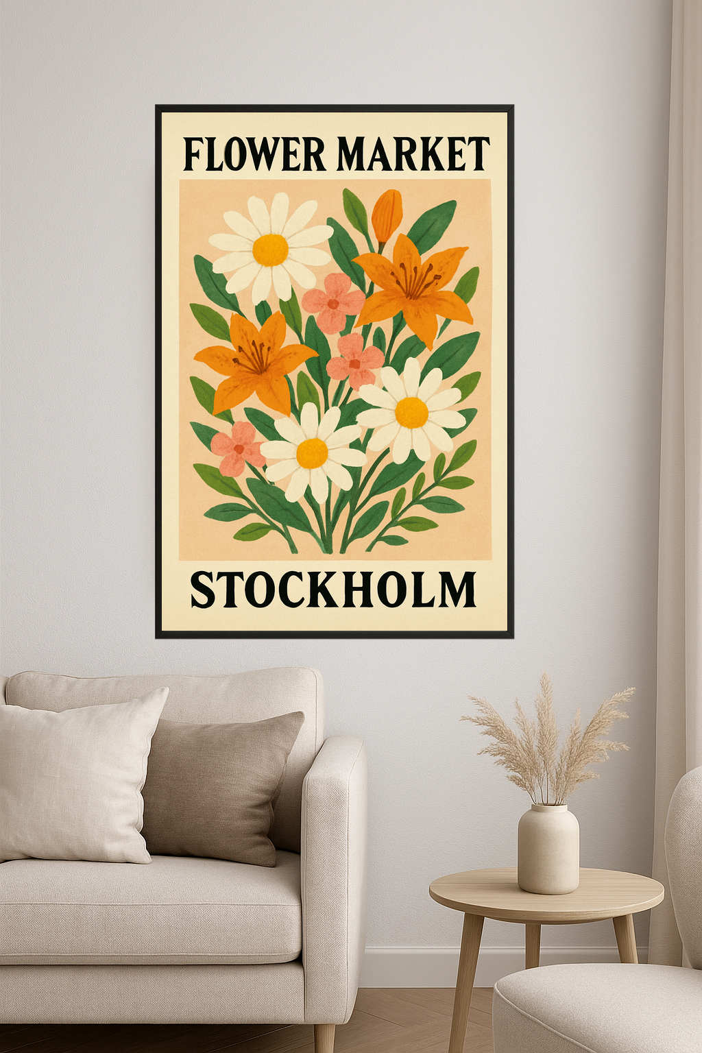 Stylized bouquet of flowers with daisies, lilies, and pink blossoms.- salon