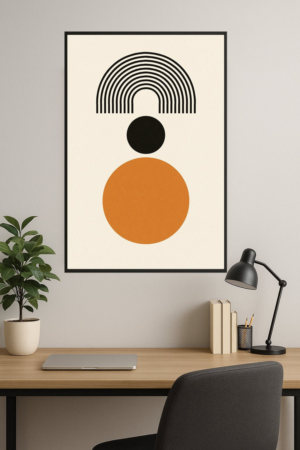 Geometric art with black arch, black circle, and orange circle.- gabinet