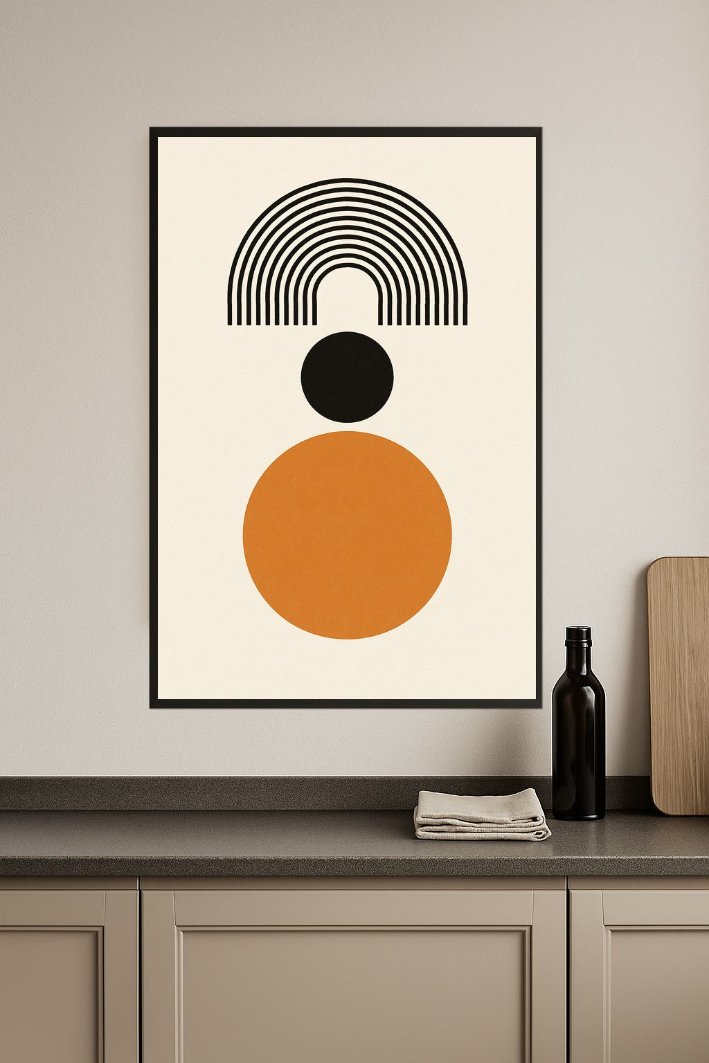 Geometric art with black arch, black circle, and orange circle.- kuchnia
