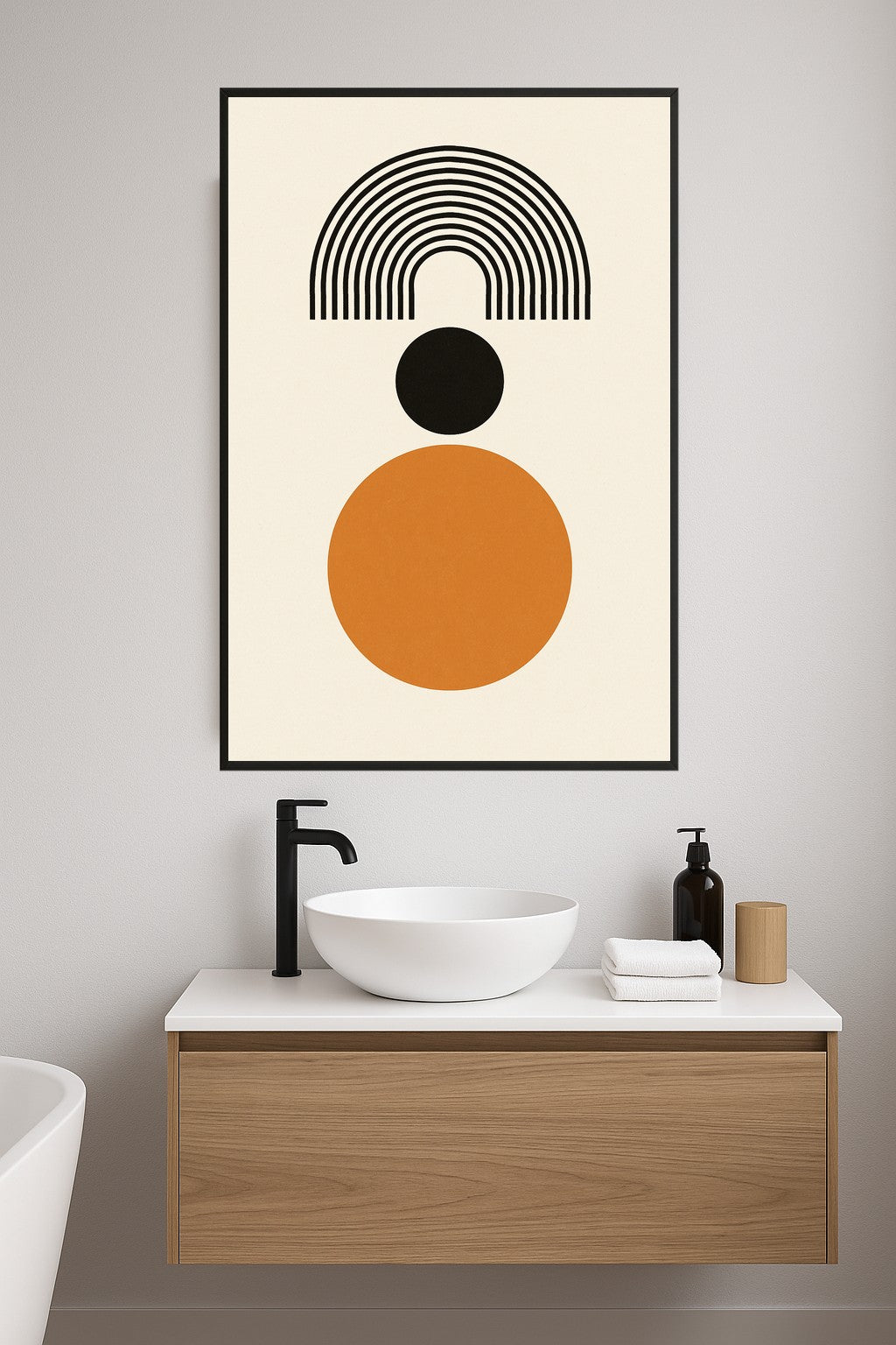 Geometric art with black arch, black circle, and orange circle.- lazienka