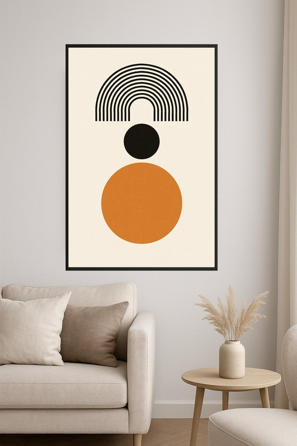 Geometric art with black arch, black circle, and orange circle.- salon