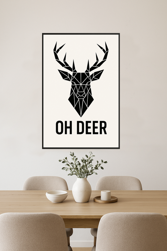 Geometric black deer head illustration with 'OH DEER' text.- jadalnia