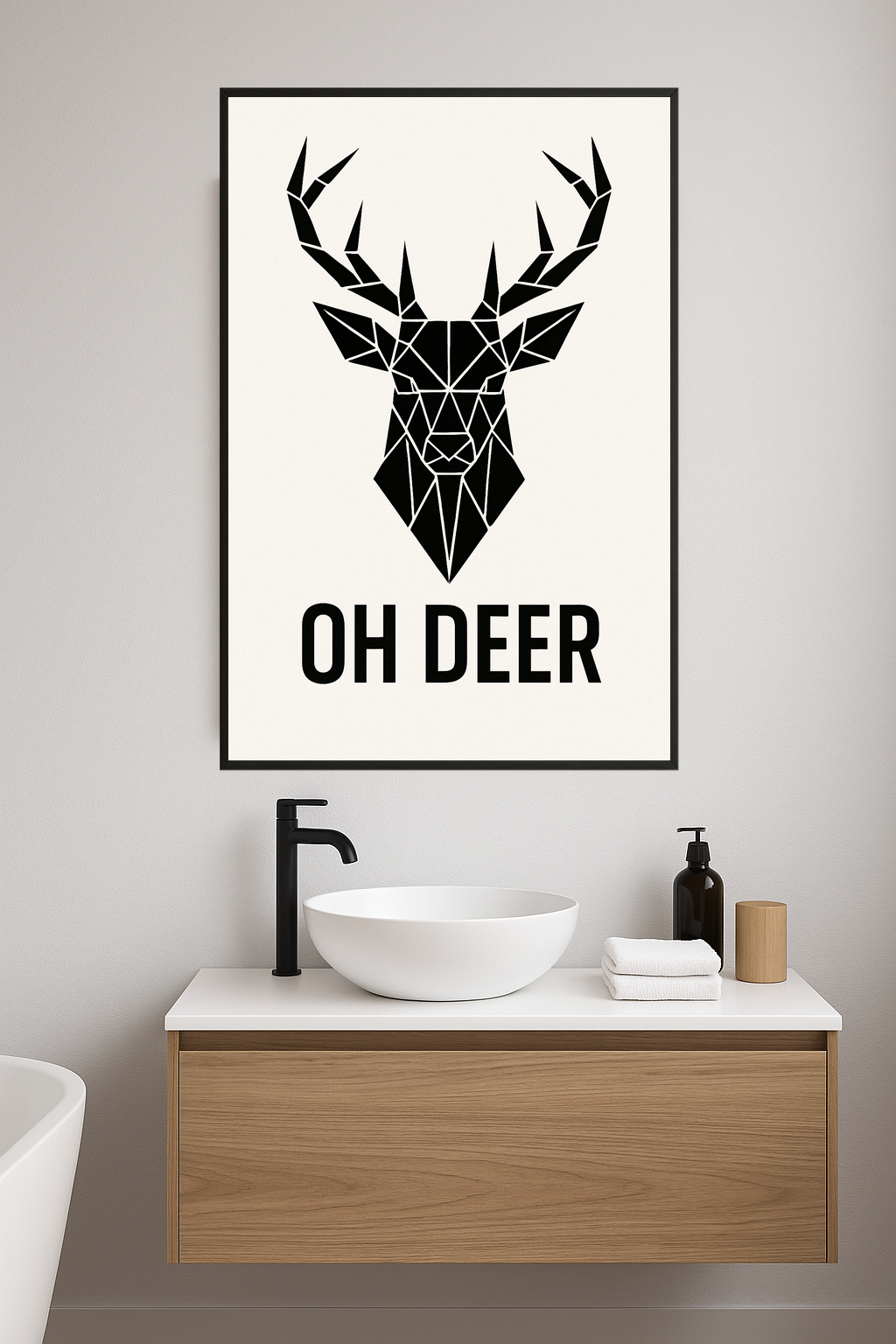 Geometric black deer head illustration with 'OH DEER' text.- lazienka