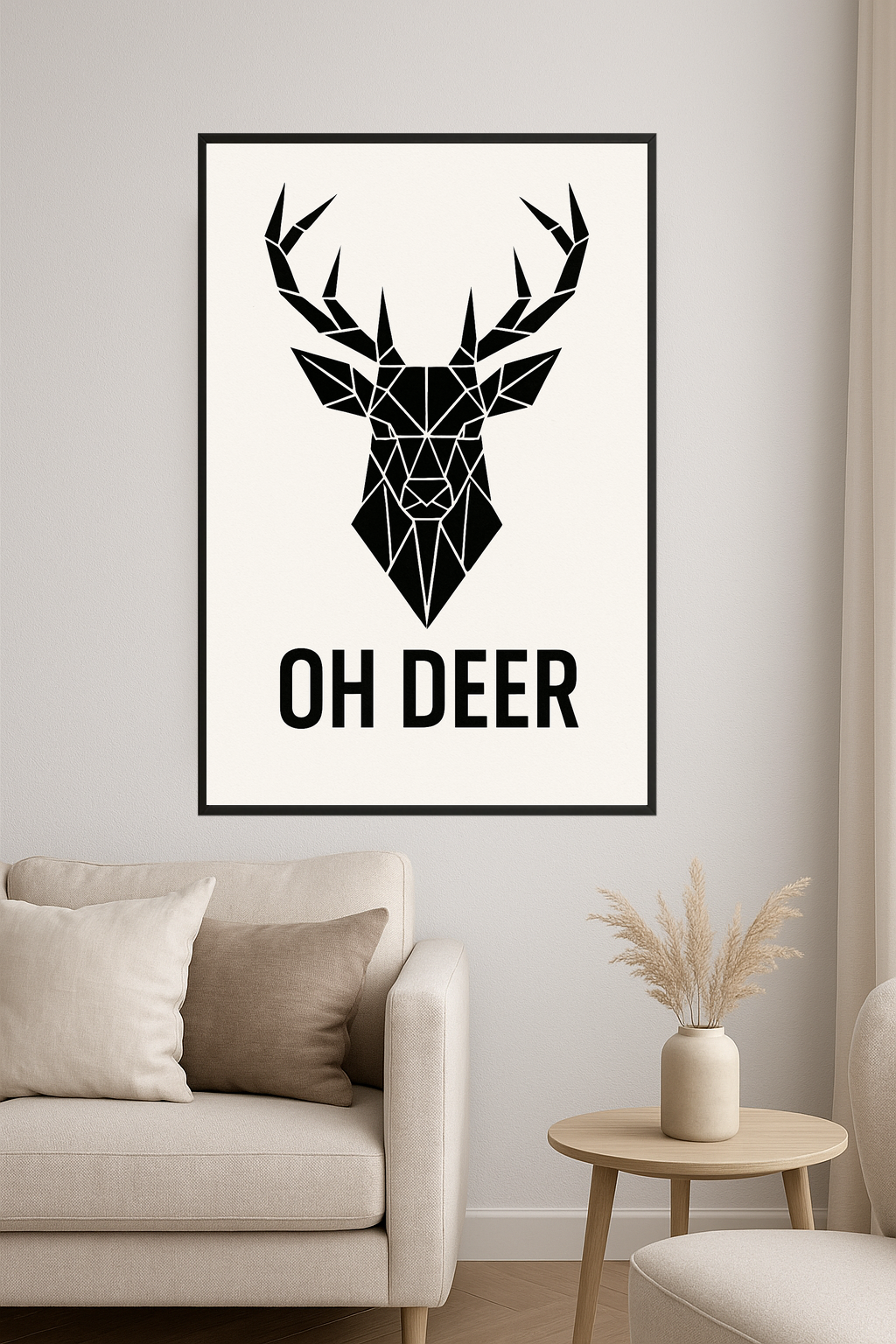 Geometric black deer head illustration with 'OH DEER' text.- salon
