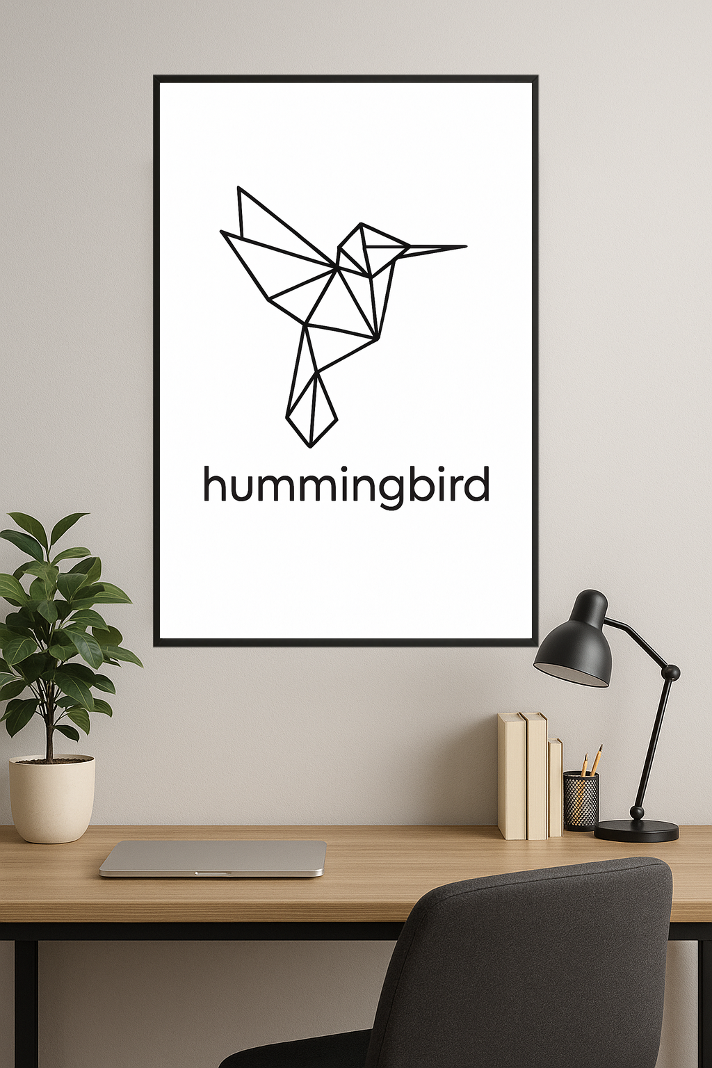 Geometric black outline of a hummingbird with text below.- gabinet