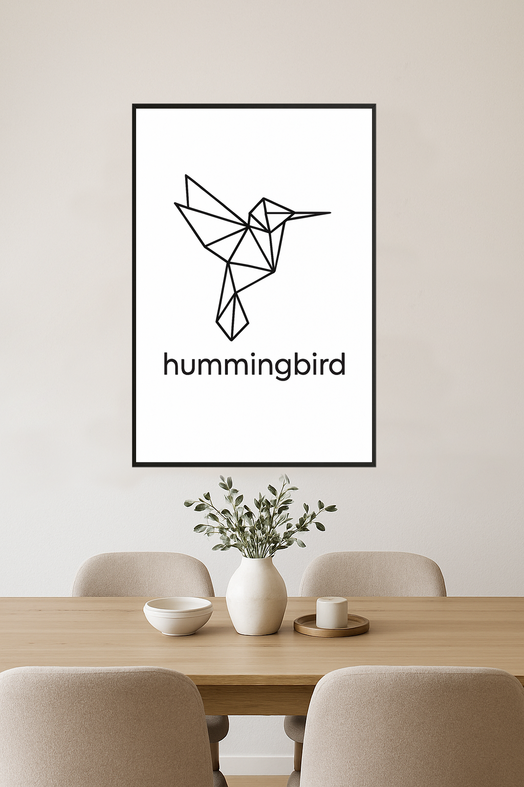 Geometric black outline of a hummingbird with text below.- jadalnia