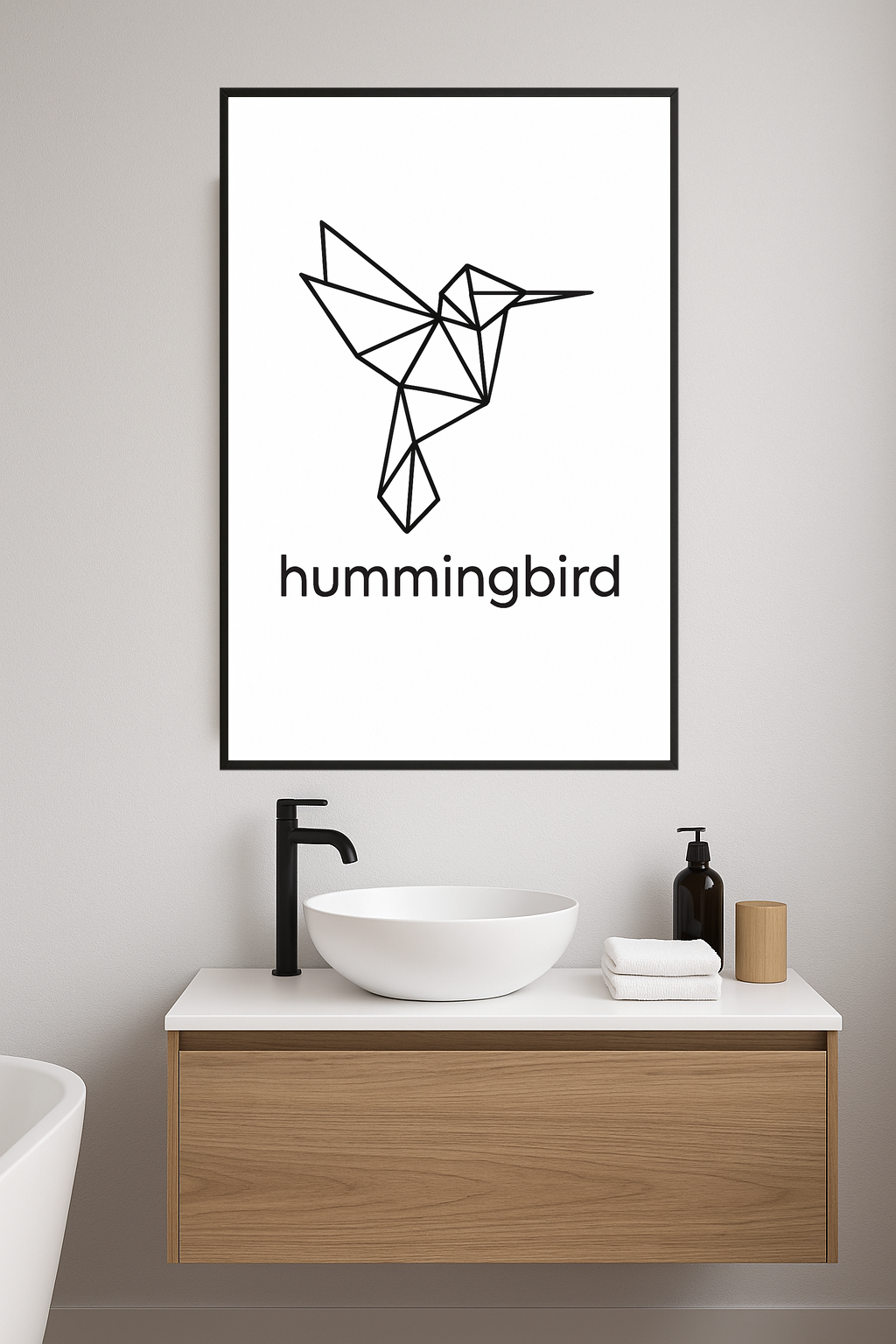 Geometric black outline of a hummingbird with text below.- lazienka
