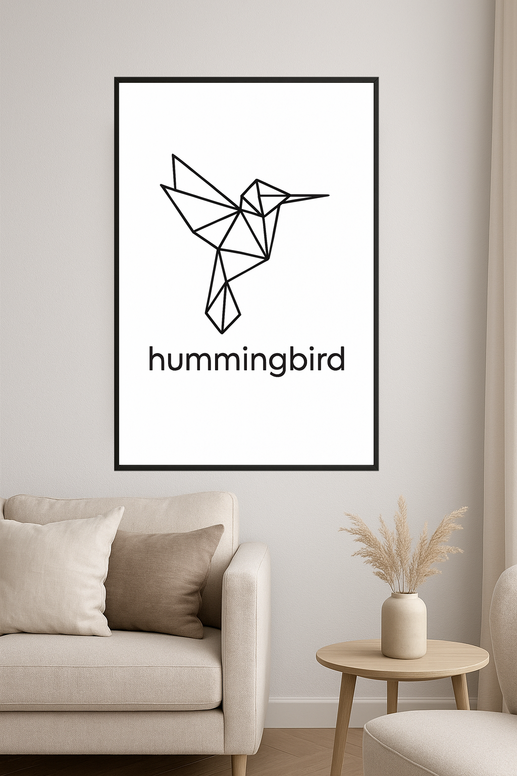 Geometric black outline of a hummingbird with text below.- salon