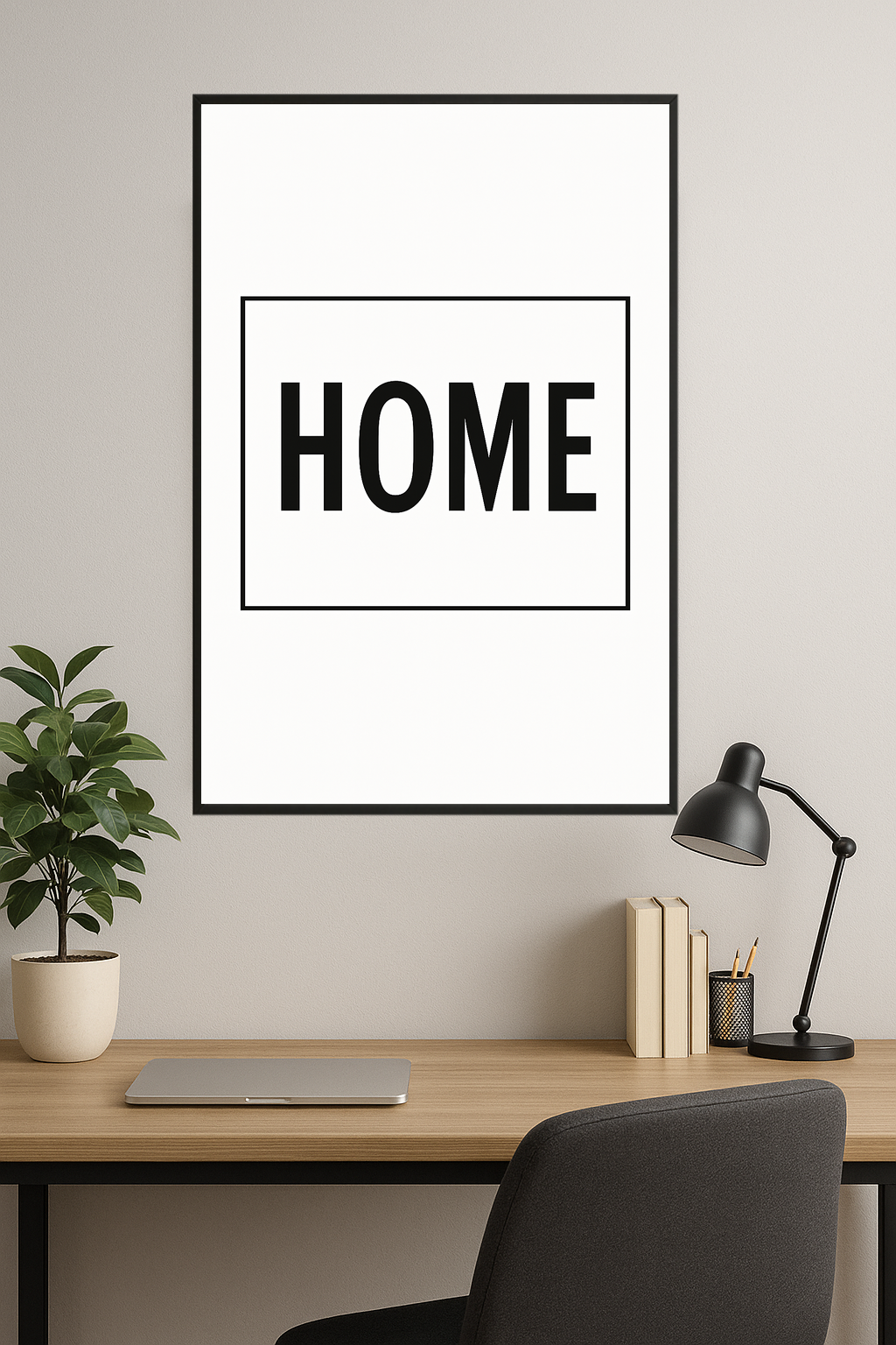 Minimalist print with the word 'HOME' in bold black letters.- gabinet