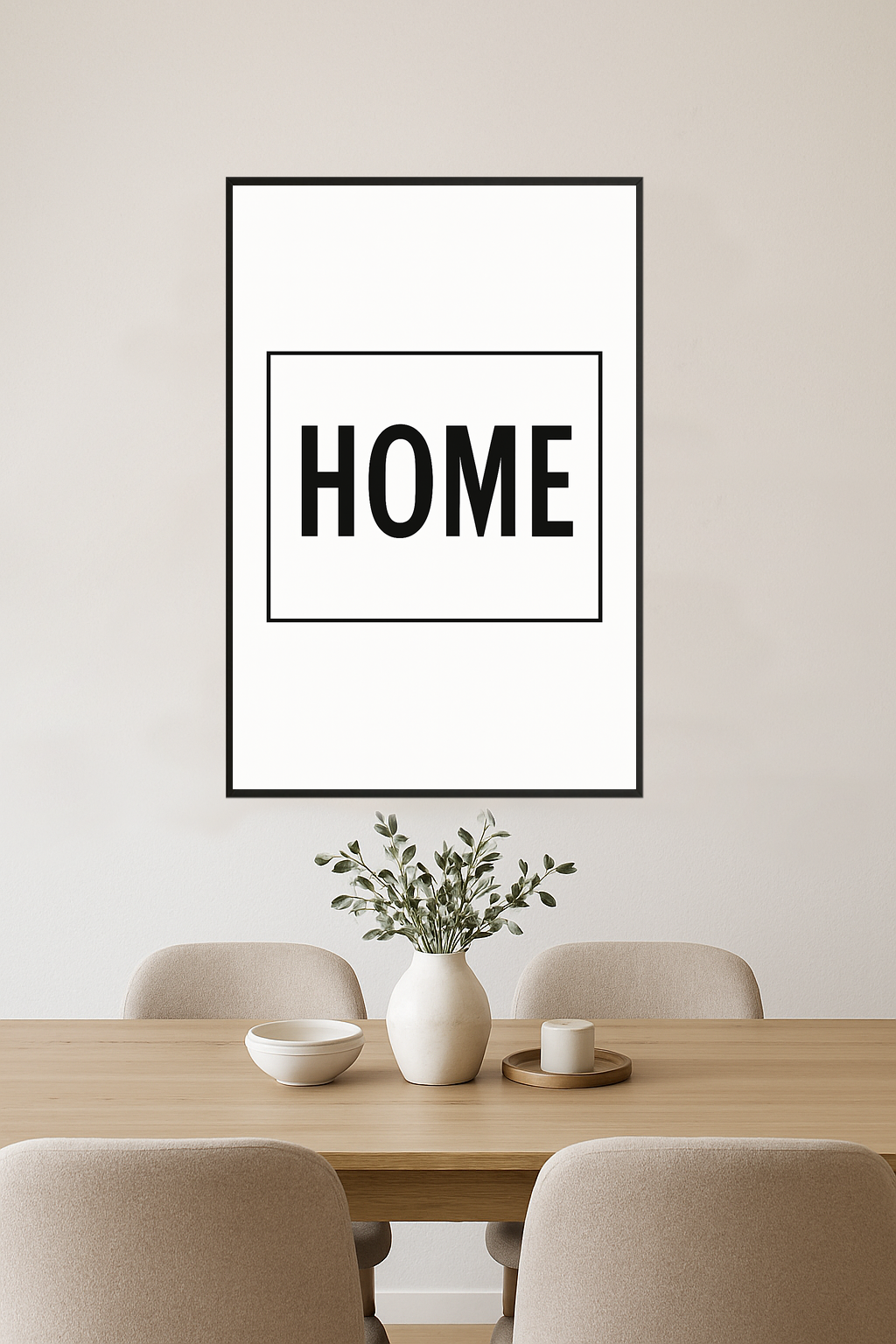 Minimalist print with the word 'HOME' in bold black letters.- jadalnia