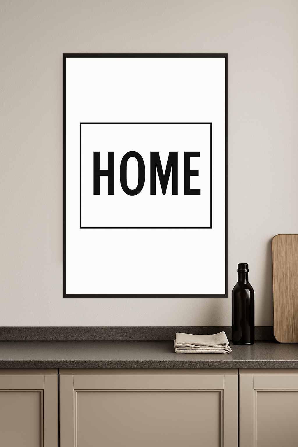 Minimalist print with the word 'HOME' in bold black letters.- kuchnia