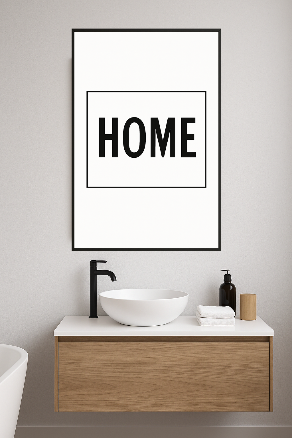 Minimalist print with the word 'HOME' in bold black letters.- lazienka