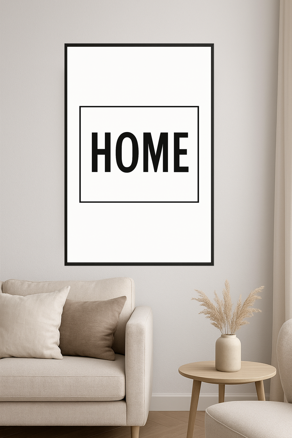 Minimalist print with the word 'HOME' in bold black letters.- salon