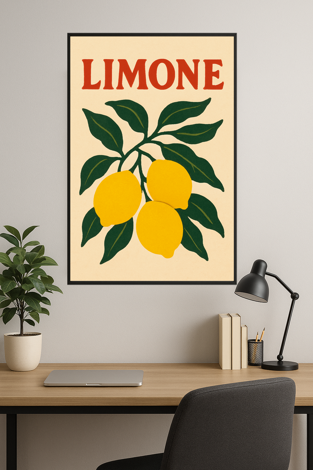 Illustration of a lemon branch with three lemons and green leaves, labeled 'Limone' in red.- gabinet