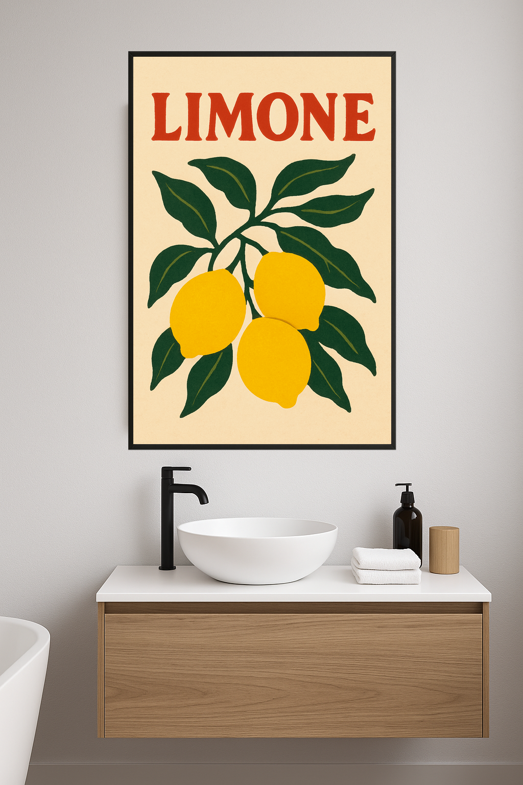 Illustration of a lemon branch with three lemons and green leaves, labeled 'Limone' in red.- lazienka