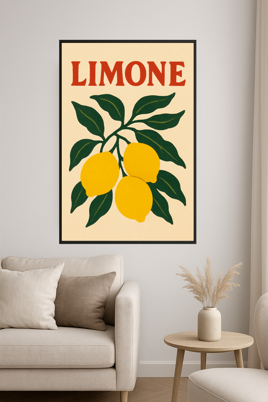 Illustration of a lemon branch with three lemons and green leaves, labeled 'Limone' in red.- salon
