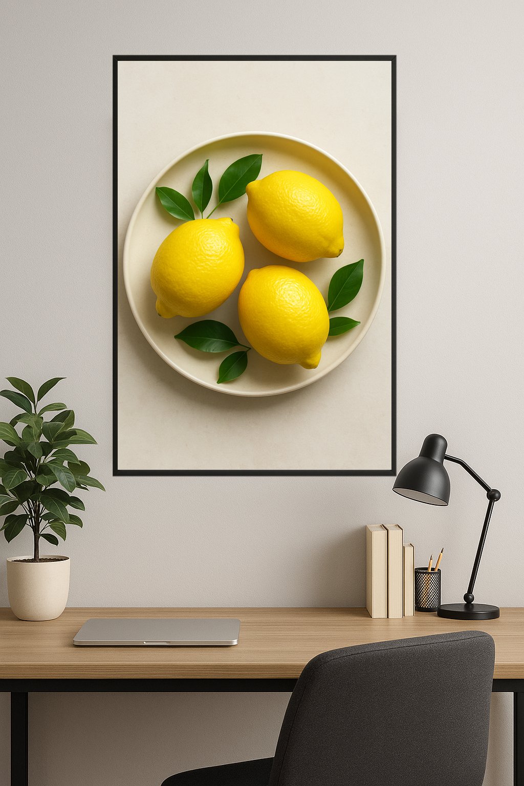 Three bright yellow lemons on a cream plate with green leaves.- gabinet