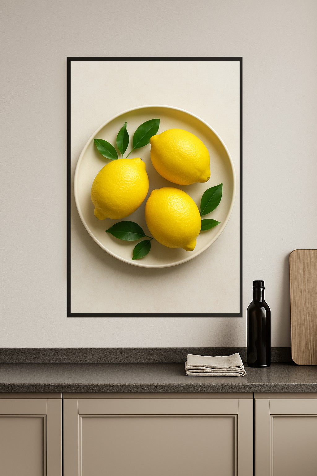 Three bright yellow lemons on a cream plate with green leaves.- kuchnia