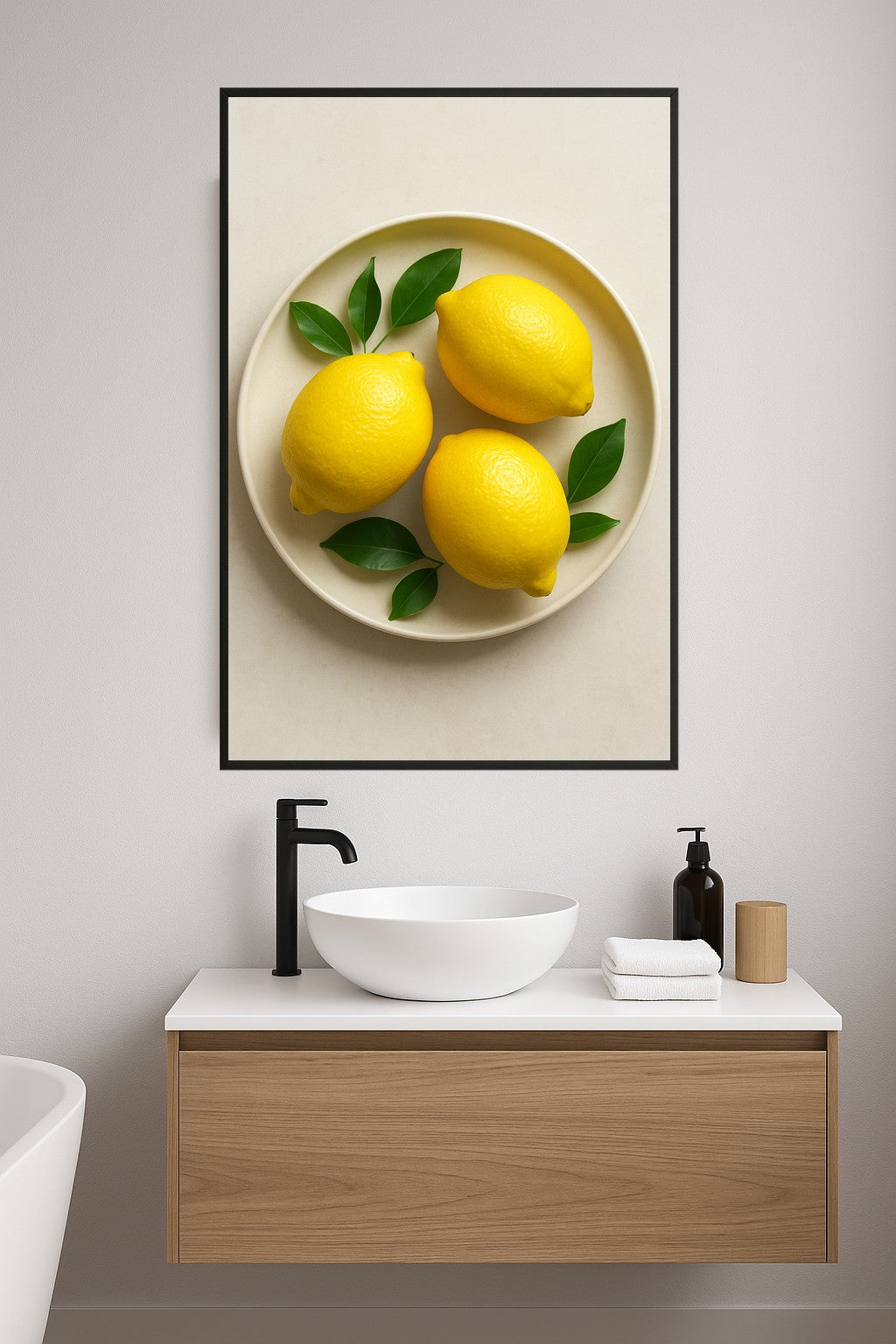 Three bright yellow lemons on a cream plate with green leaves.- lazienka