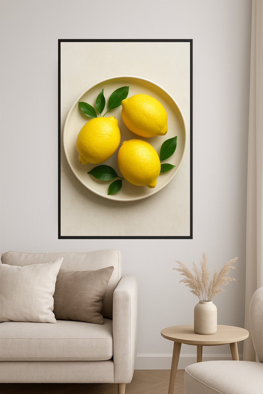Three bright yellow lemons on a cream plate with green leaves.- salon