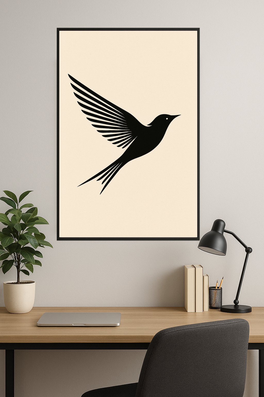 Stylized black bird in flight with outstretched wings.- gabinet
