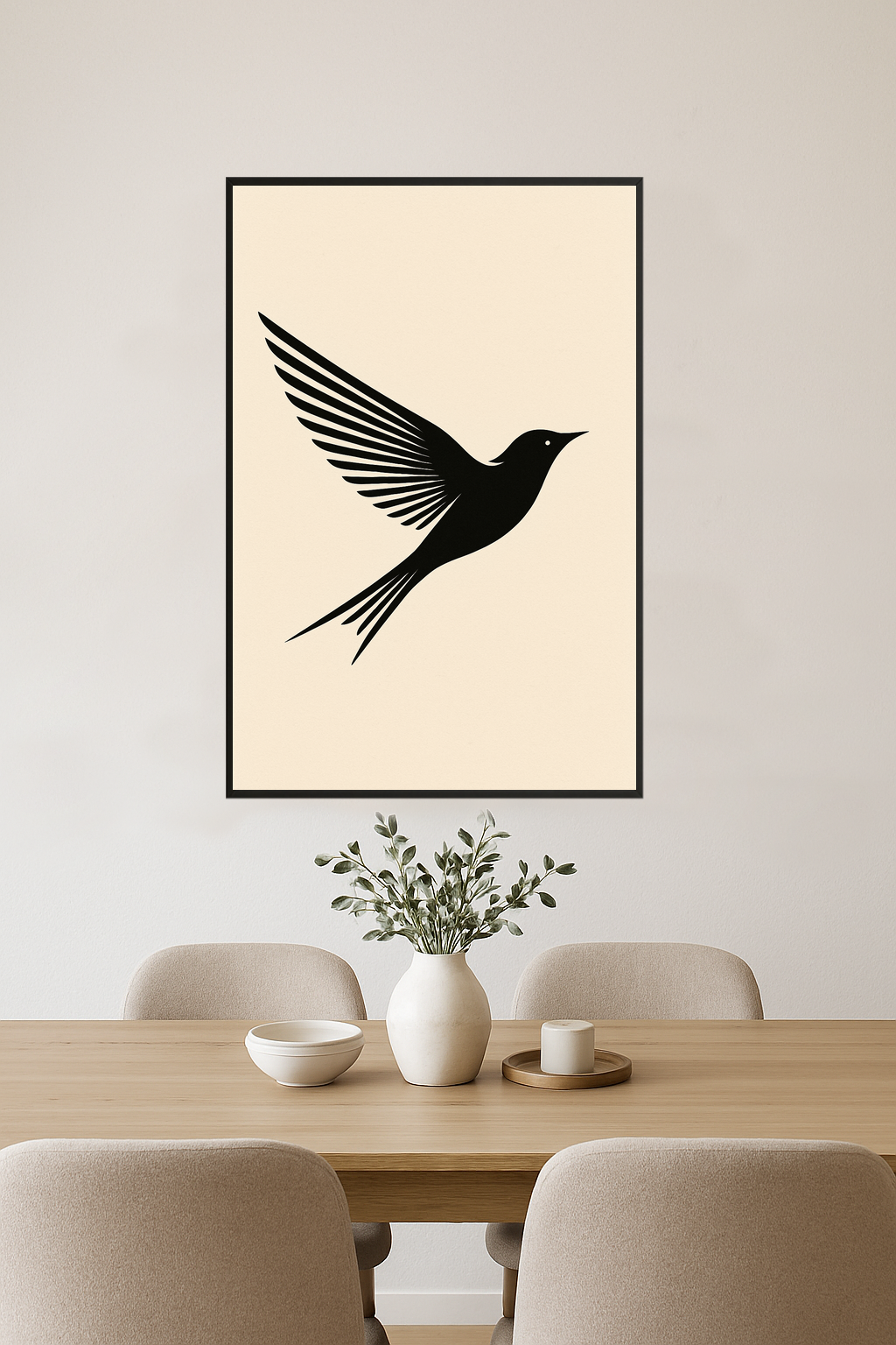 Stylized black bird in flight with outstretched wings.- jadalnia