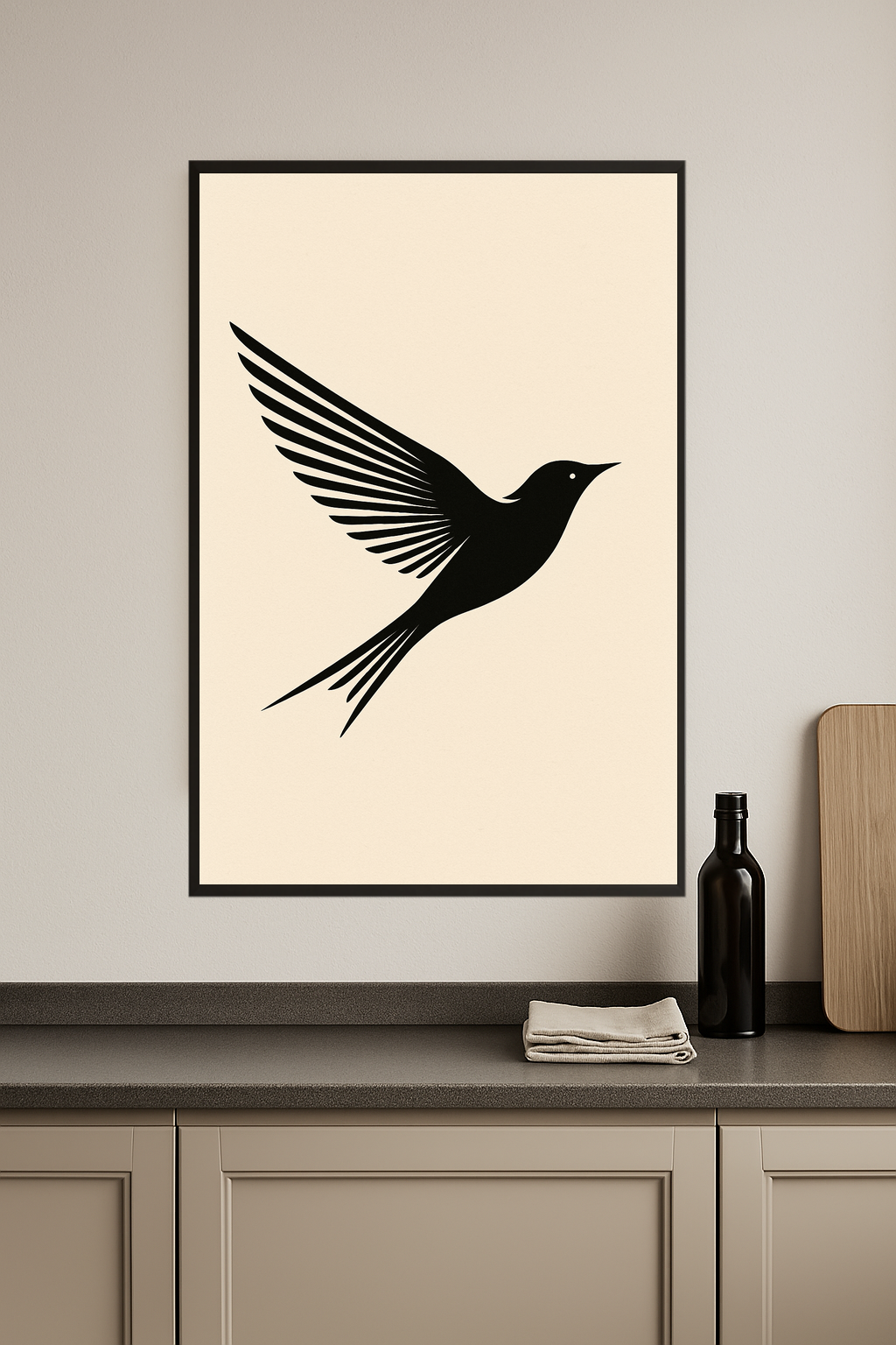 Stylized black bird in flight with outstretched wings.- kuchnia