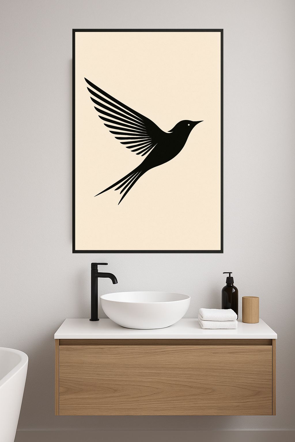 Stylized black bird in flight with outstretched wings.- lazienka