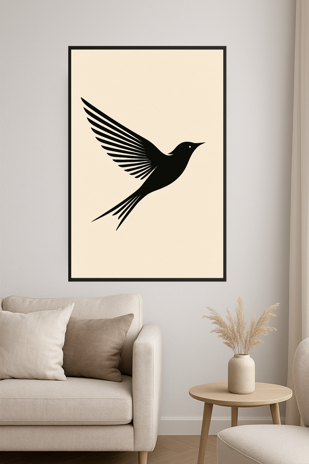 Stylized black bird in flight with outstretched wings.- salon