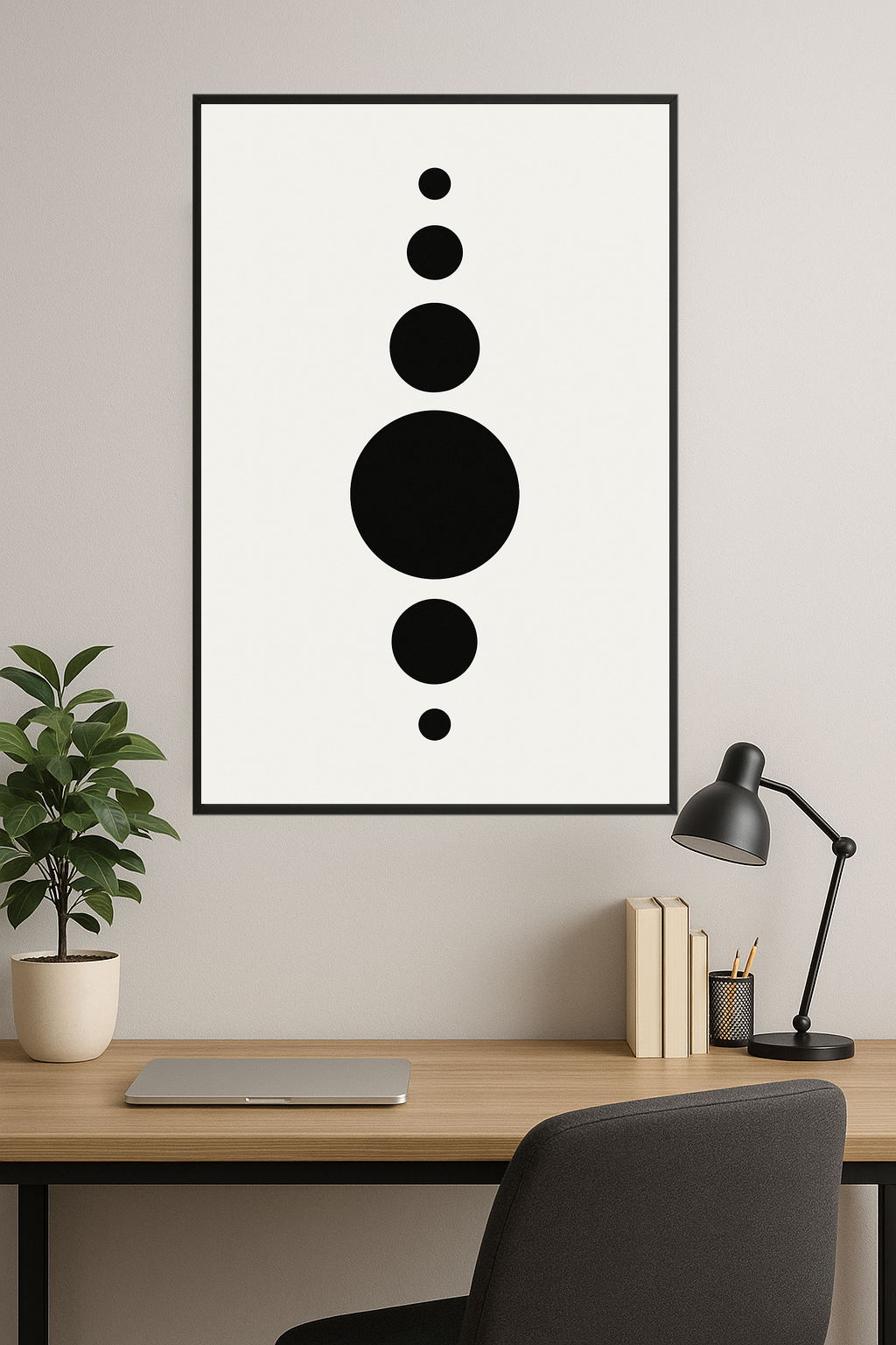 Five black circles of varying sizes on a white background.- gabinet