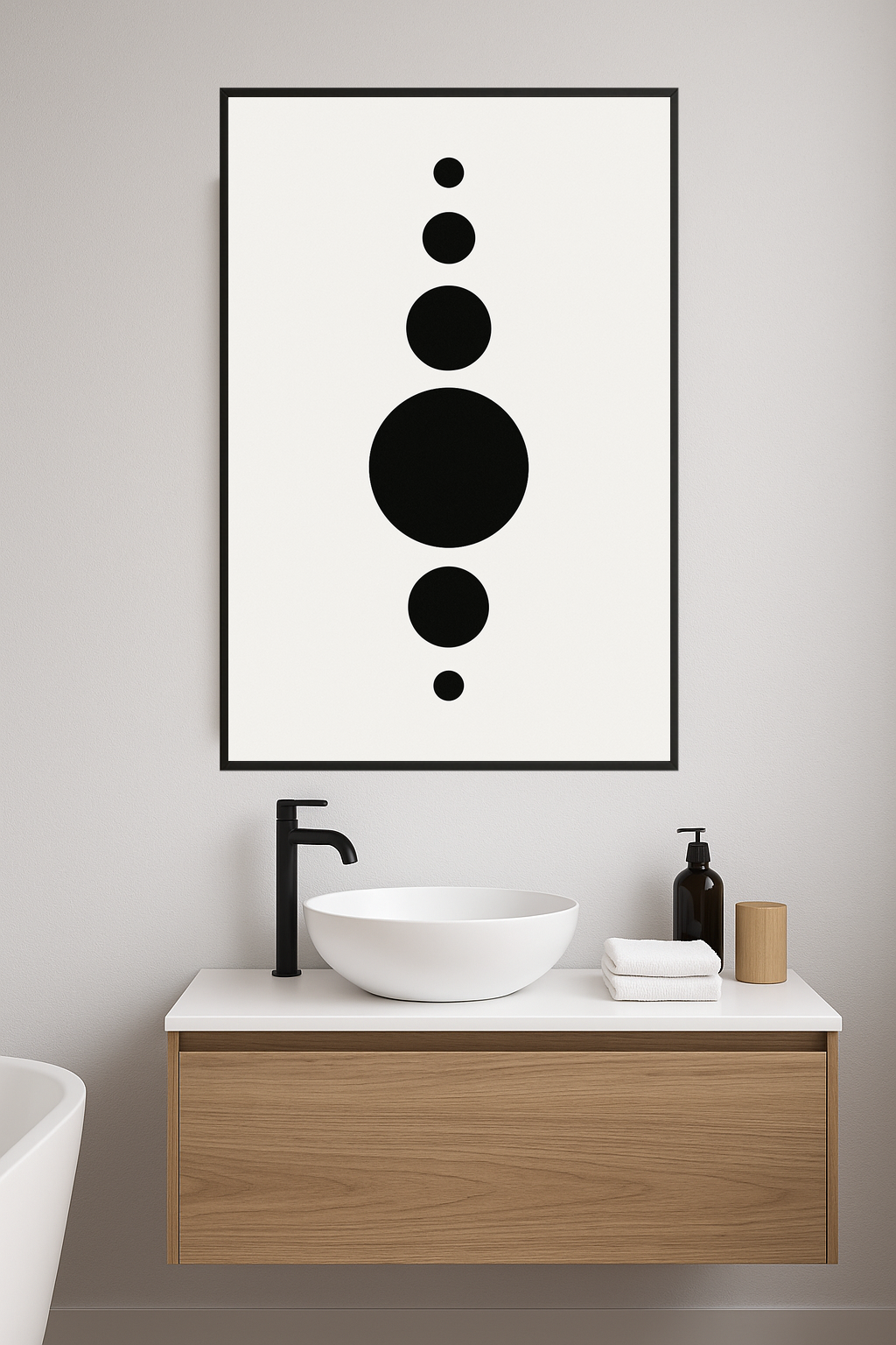 Five black circles of varying sizes on a white background.- lazienka