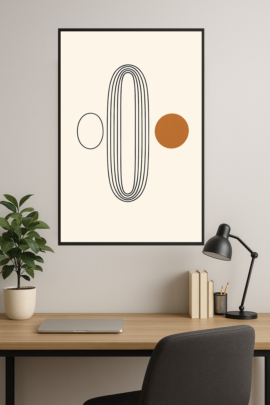Minimalist design with black lines and a brown circle.- gabinet