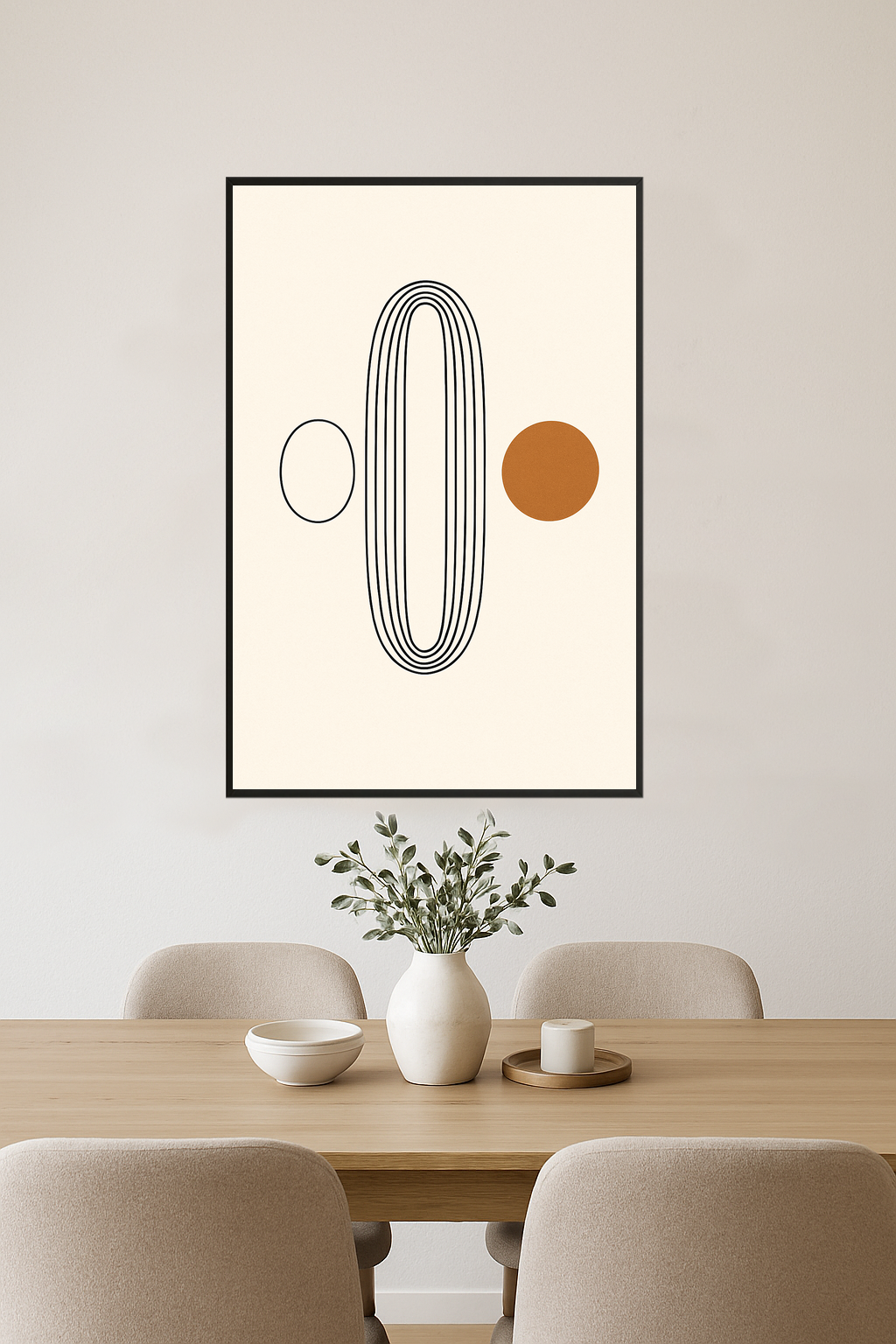 Minimalist design with black lines and a brown circle.- jadalnia