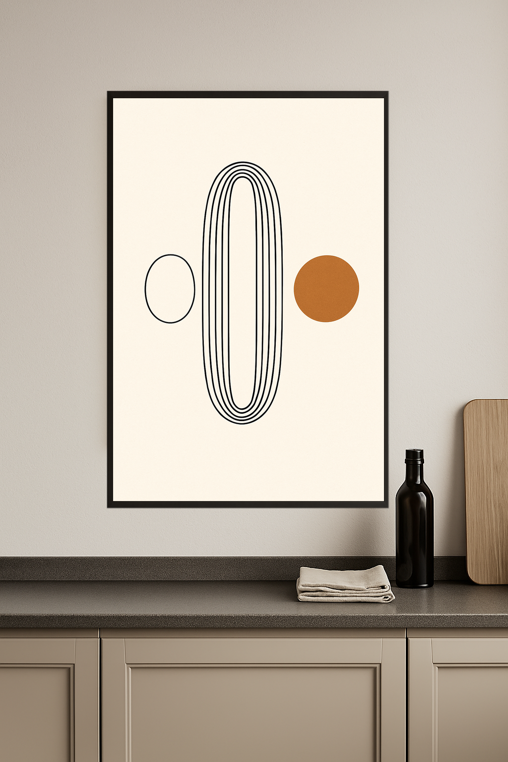 Minimalist design with black lines and a brown circle.- kuchnia