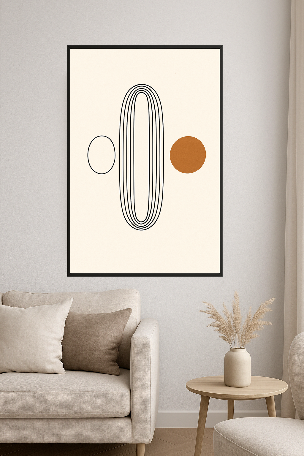 Minimalist design with black lines and a brown circle.- salon