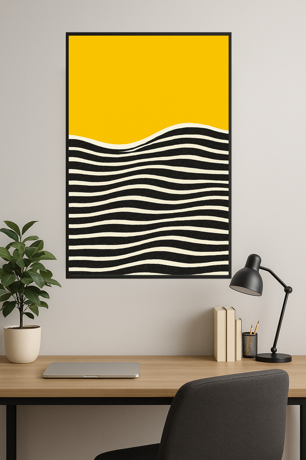 Abstract design with yellow top and black and white wavy stripes below.- gabinet