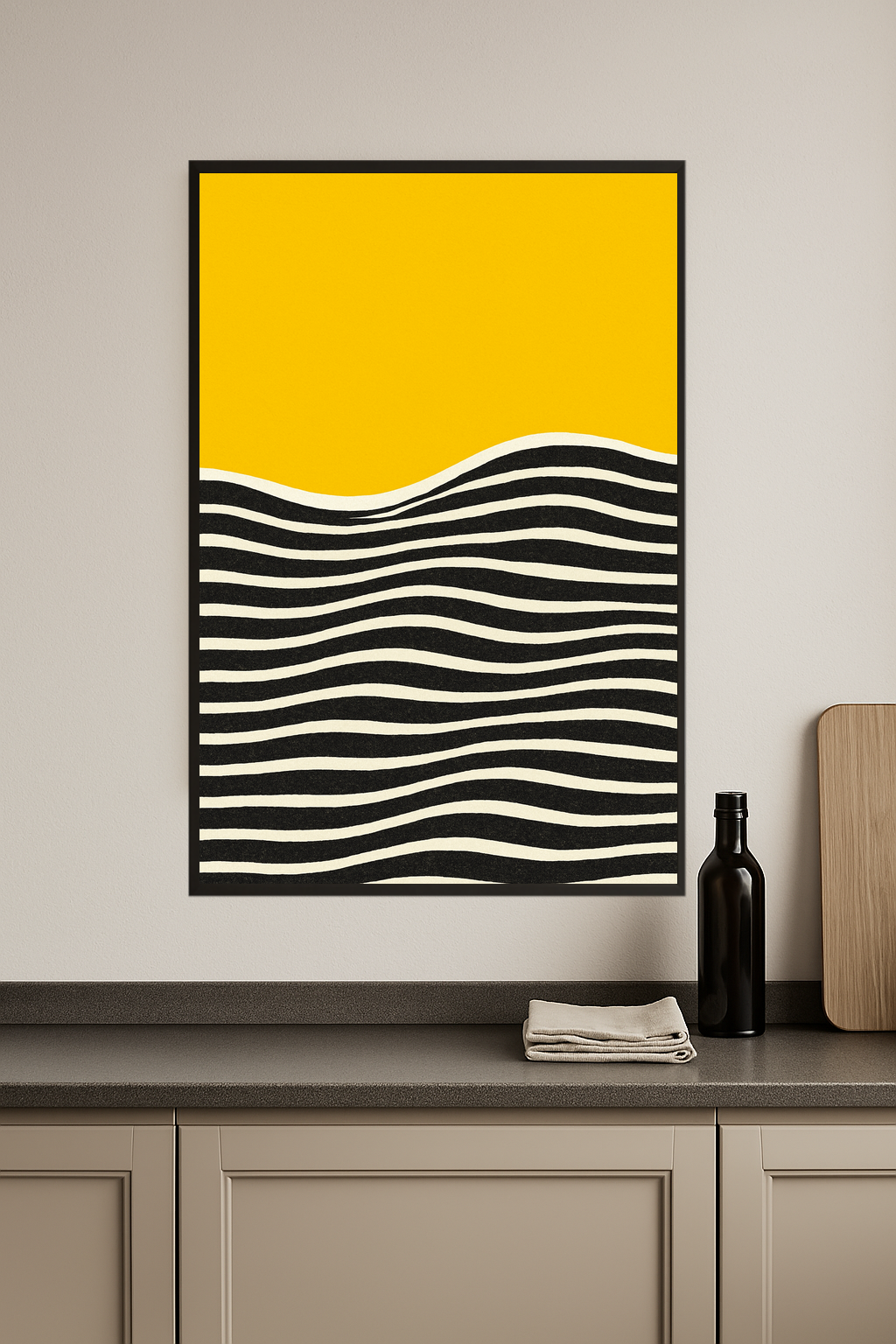 Abstract design with yellow top and black and white wavy stripes below.- kuchnia