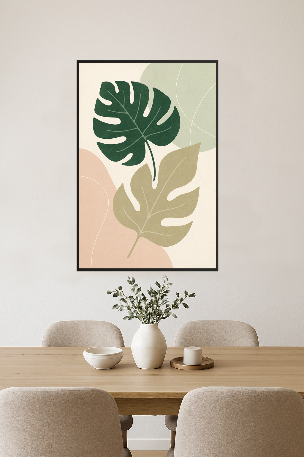 Stylized green and beige leaves with abstract shapes in soft colors.- jadalnia
