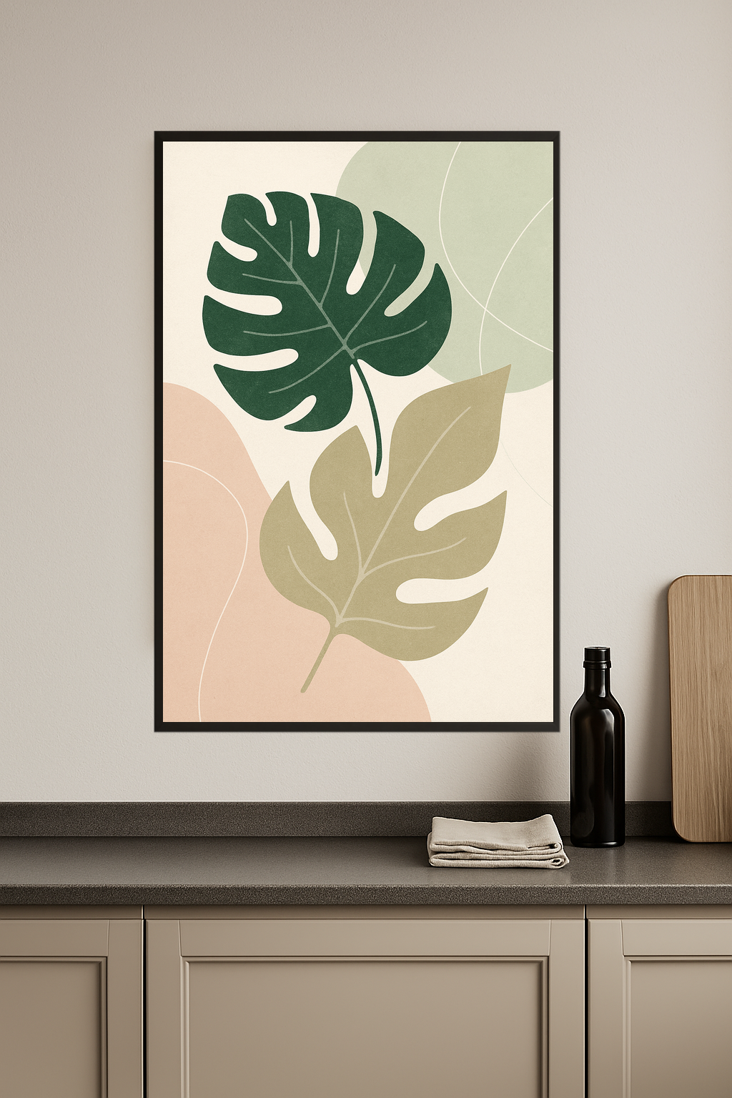 Stylized green and beige leaves with abstract shapes in soft colors.- kuchnia