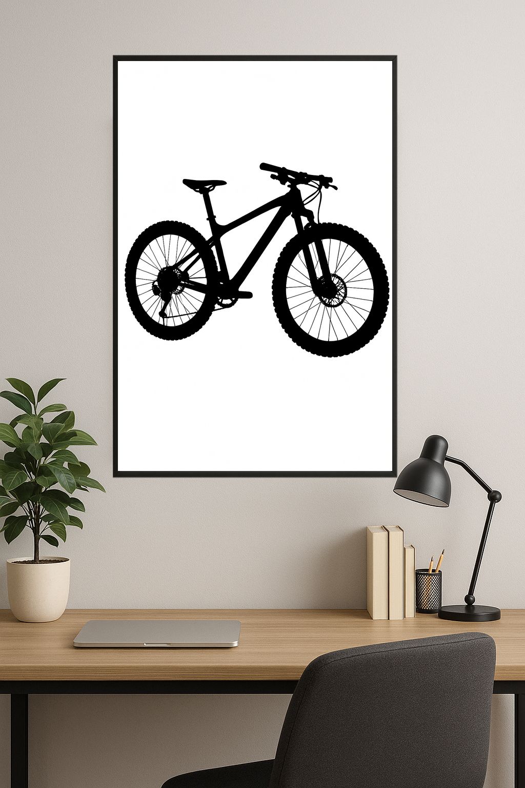 Silhouette of a mountain bike with circular wheel and angular frame.- gabinet