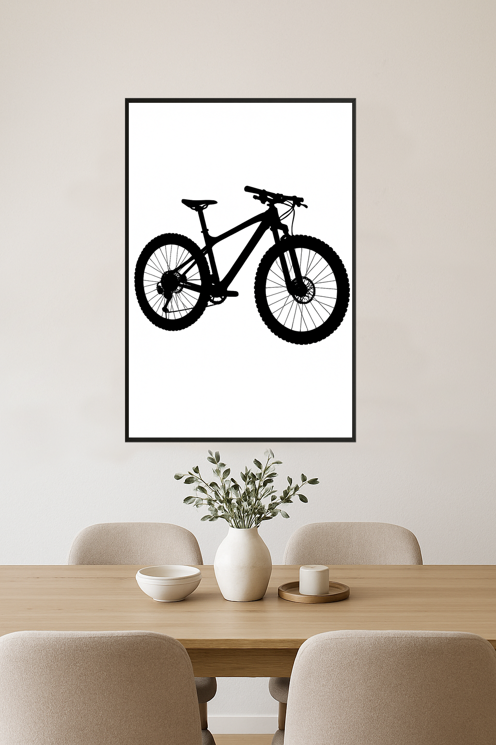 Silhouette of a mountain bike with circular wheel and angular frame.- jadalnia
