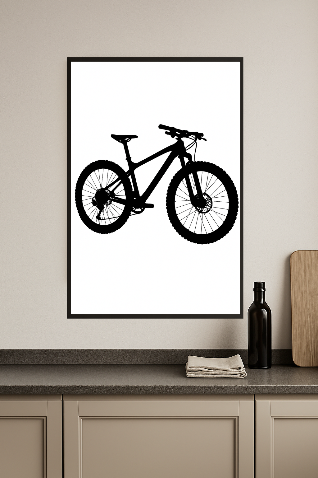 Silhouette of a mountain bike with circular wheel and angular frame.- kuchnia