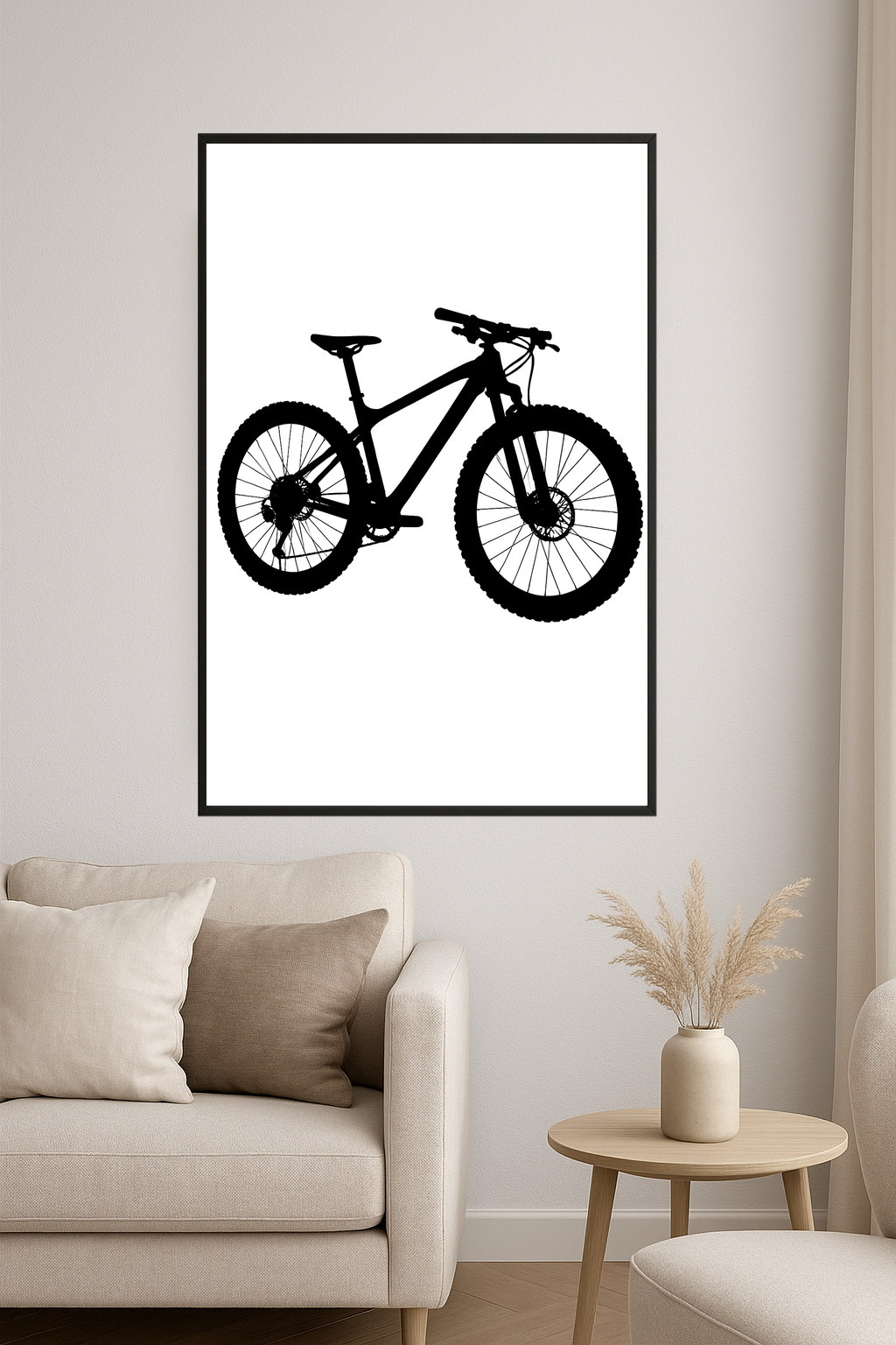 Silhouette of a mountain bike with circular wheel and angular frame.- salon