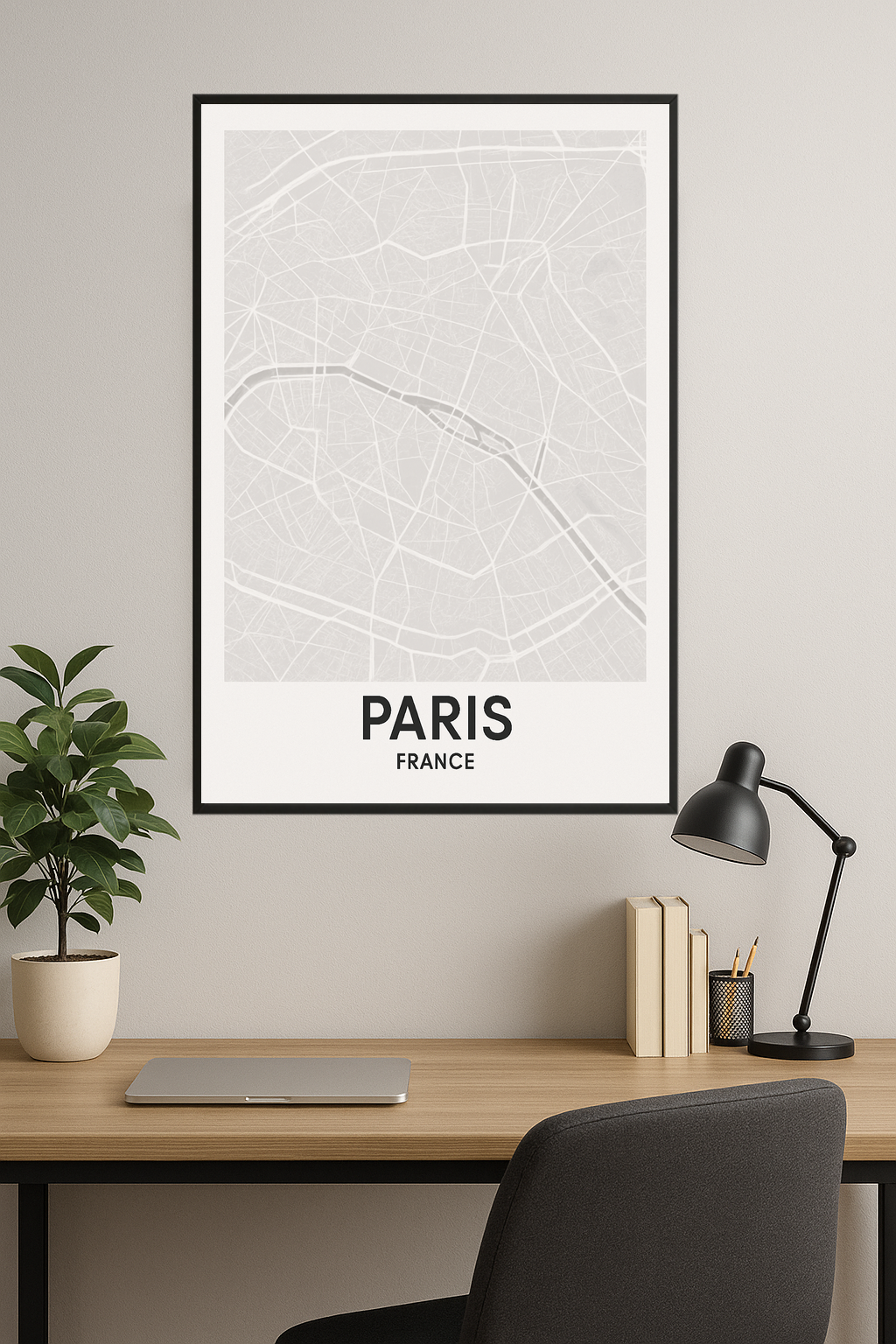 Minimalist gray map of Paris with bold 'PARIS' text.- gabinet