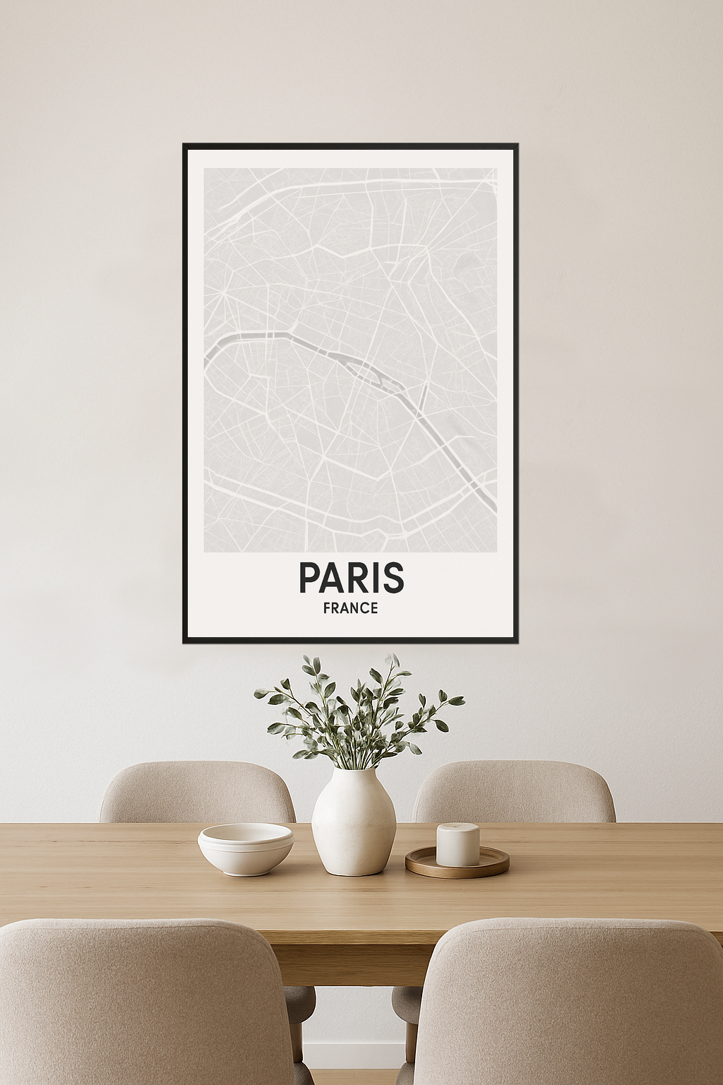 Minimalist gray map of Paris with bold 'PARIS' text.- jadalnia